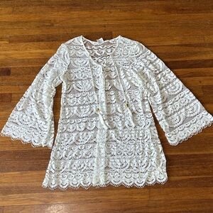 Wave Zone White Lace Bell Sleeve Swim Cover Up, Large